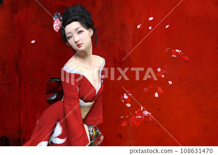 A bewitching woman with Japanese hair wearing a red Japanese kimono A bewitching woman with Japanese hair wearing a red Japanese kimono 108631470