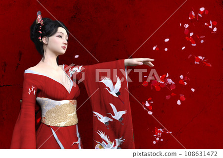 穿著日本紅色和服的妖艷女子伸出手 108631472