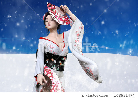 A bewitching woman in a white kimono with Japanese hair dancing with a fan in both hands against a snowy background A bewitching woman in a white kimono with Japanese hair dancing with a fan in both hands against a snowy background 108631474
