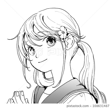 Monochrome illustration of a smiling girl with pigtails in a sailor suit [clear line version] 108631487