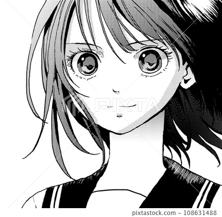 Monochrome illustration of a smiling girl with black hair in a sailor suit 108631488