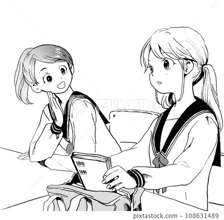 女孩在課堂上聊天的單色插圖 108631489