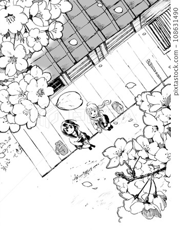 Monochrome illustration of two girls in uniform looking up at cherry blossoms Monochrome illustration of two girls in uniform looking up at cherry blossoms 108631490