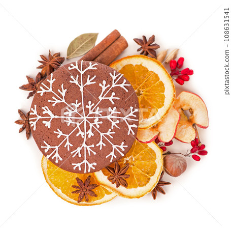 Everything for making Christmas cookies - cinnamon, barberry, anise, nuts, apples and dried orange Everything for making Christmas cookies - cinnamon, barberry, anise, nuts, apples and dried orange 108631541