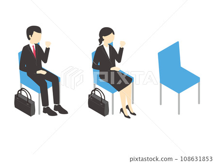 Chair set of men and women in recruitment suits doing fist pumps Chair set of men and women in recruitment suits doing fist pumps 108631853