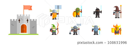 Fantasy Game Knight Character Heroes with Weapon Vector Set 108631996