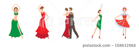 Man and Woman Dancing Performing on Stage in Different Outfit Vector Set 108632068