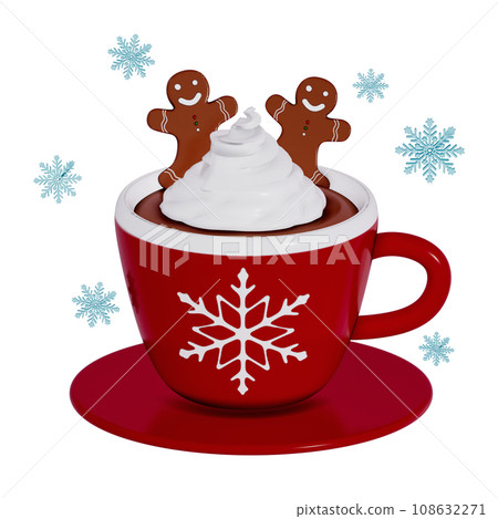 Christmas Dessert 3D , Hot chocolate with Christmas gingerbread cookies and a cinnamon stick in a red mug with a snowflake on Transparent background . 3D Rendering 108632271