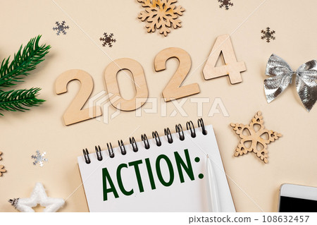 New Year Aims 2024. To Do List. Empty Notebook at the Desk with Holiday Decoration. Top view. Creating Plan, Resolution. New Life, Start Up, Beginning Concept. Business ideas. Goals, action, checklist New Year Aims 2024. To Do List. Empty Notebook at the Desk with Holiday Decoration. Top view. Creating Plan, Resolution. New Life, Start Up, Beginning Concept. Business ideas. Goals, action, checklist 108632457