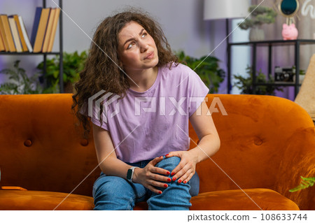 Adult woman girl suffer from painful severe knee joint ache, leg muscles illness cramps rheumatism 108633744