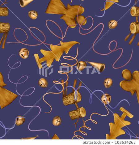 Christmas seamless pattern with Christmas ornaments digital illustration isolated on dark. wooden toy, deer, jingle bells, serpentine hand drawn. Element for new year design wrapping, background Christmas seamless pattern with Christmas ornaments digital illustration isolated on dark. wooden toy, deer, jingle bells, serpentine hand drawn. Element for new year design wrapping, background 108634265