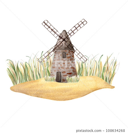 Windmill vintage watercolor illustration isolated on white background. Rural making bread mill hand drawn. Painted milling plant. Landscape for design package bread, flour, grocery store, bakery Windmill vintage watercolor illustration isolated on white background. Rural making bread mill hand drawn. Painted milling plant. Landscape for design package bread, flour, grocery store, bakery 108634268