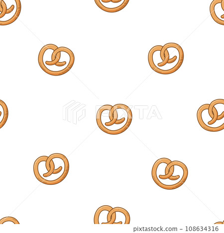 Seamless pattern wheat pretzel, cartoon doodle baking icon. Vector illustration background of snack. 108634316