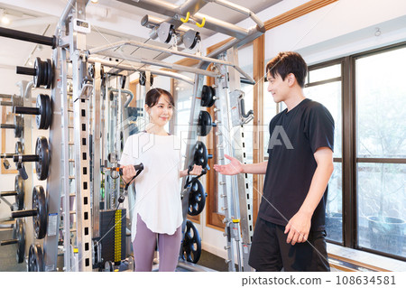 Women and trainers exercising at the gym (cable machine) Women and trainers exercising at the gym (cable machine) 108634581