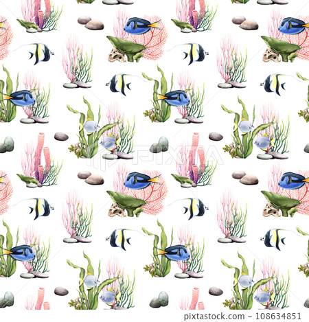 Watercolor seamless pattern with coralls, exotic fishes. Hand drawn illustration for wrapping, wallpaper, fabric, textile 108634851