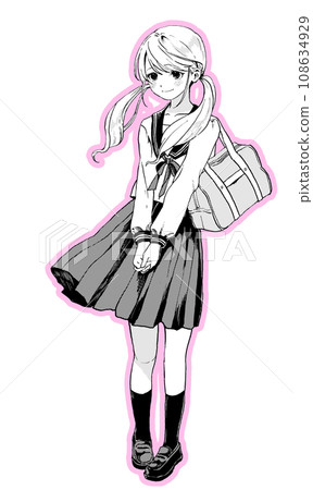 Monochrome illustration of a smiling sailor suit girl's whole body version with pink border Monochrome illustration of a smiling sailor suit girl's whole body version with pink border 108634929