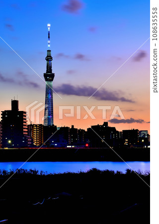 Night view of Tokyo Skytree seen from the Arakawa bank of Horikiri Mizube Park - long shot Night view of Tokyo Skytree seen from the Arakawa bank of Horikiri Mizube Park - long shot 108635558