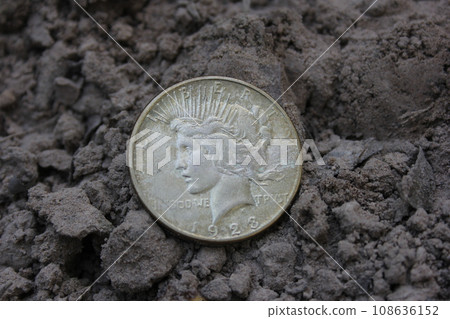 1923 Silver Peace Dollar On Ground in Dirt. Front View 108636152