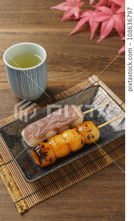 Kushidango and green tea|Mitarashi dango and red bean paste dango Kushidango and green tea|Mitarashi dango and red bean paste dango 108636797