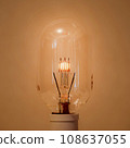 An oblong incandescent light bulb with a filament that glows slightly and gently. 108637055