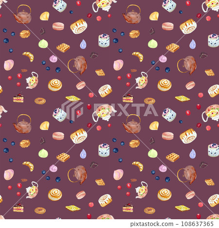 Watercolor teapot and desserts seamless pattern on dark background Watercolor teapot and desserts seamless pattern on dark background 108637365