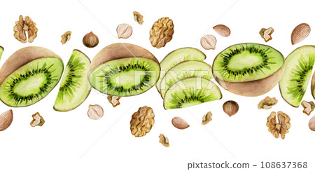 Hand drawn watercolor sliced kiwi fruit and nuts mix for diet, healthy lifestyle, vegan cooking. Illustration seamless border isolated on white background. Design poster, print, website, card, menu Hand drawn watercolor sliced kiwi fruit and nuts mix for diet, healthy lifestyle, vegan cooking. Illustration seamless border isolated on white background. Design poster, print, website, card, menu 108637368