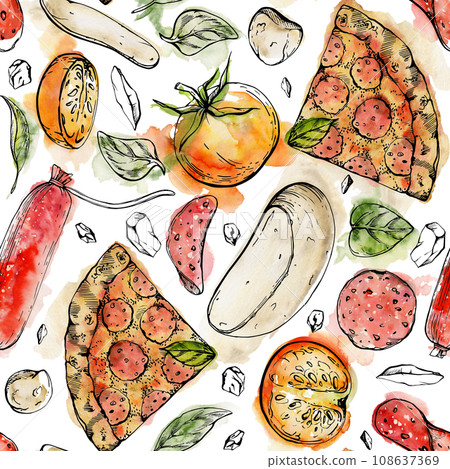 Hand drawn watercolor ink illustration. Pepperoni pizza slice with toppings, Italian cuisine meal. Seamless pattern isolated on white. Design restaurant menu, cafe, food shop or package, flyer, print. 108637369