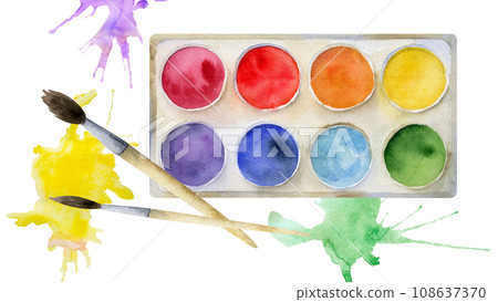 Watercolor hand drawn illustration, kids children painting materials supplies, art palette and brushes stationery. Composition isolated on white. For school, kindergarten, party, cards, website, shop Watercolor hand drawn illustration, kids children painting materials supplies, art palette and brushes stationery. Composition isolated on white. For school, kindergarten, party, cards, website, shop 108637370