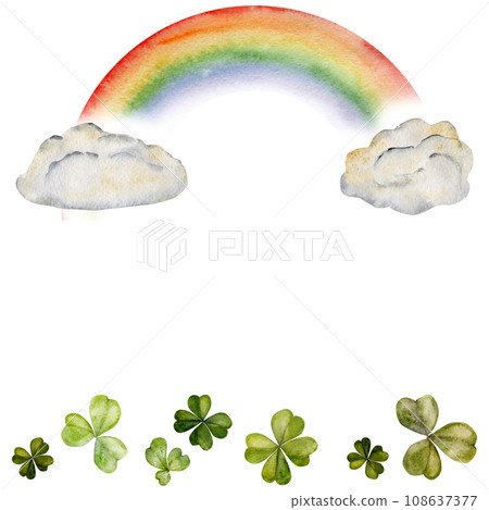 Watercolor hand drawn illustration, Saint Patrick holiday. Rainbow on clouds, lucky clover shamrock four leaves. Ireland tradition. Isolated on white background. For invitations, print, website, cards 108637377