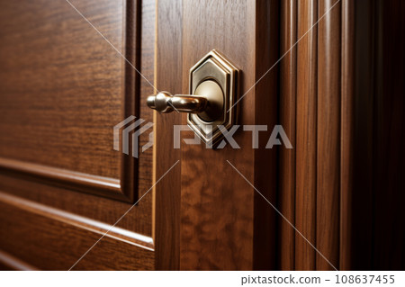 Stylish classic handle on a wooden door. Interior design. Generative AI 108637455