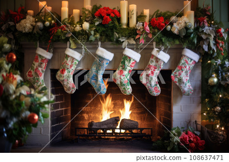 Floral Christmas embroidered stockings hang on a fireplace mantel. Generative AI 108637471