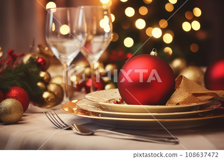 Festive Christmas table setting with holiday themed plates and cutlery. Generative AI 108637472
