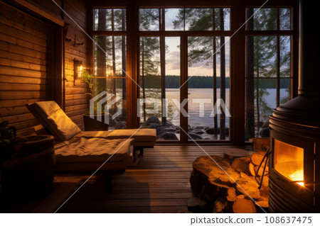 Interior of sauna with hot steam. Wooden benches and loungers accessories for sauna, spa complex. Generative AI 108637475
