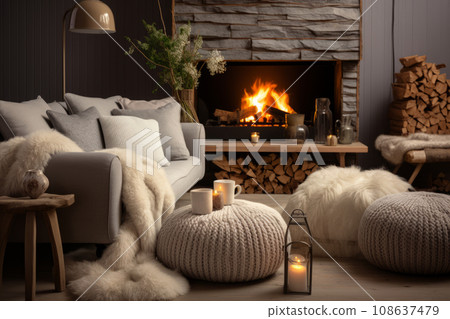 Seating area around a fireplace with fluffy cushions and knitted poufs. Hygge winter cozy interior. Generative AI 108637479