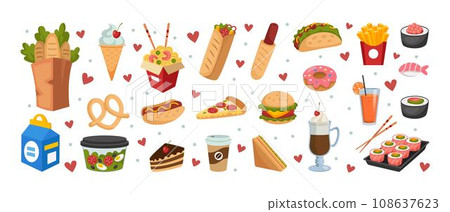 Takeaway food. Lunch container. Meal package. Sandwich and salad. Cafe delivery box. Hot dog. Coffee cup. Grocery shop bag. Sushi and sashimi. Isolated fastfood snacks set. Vector tidy illustration 108637623
