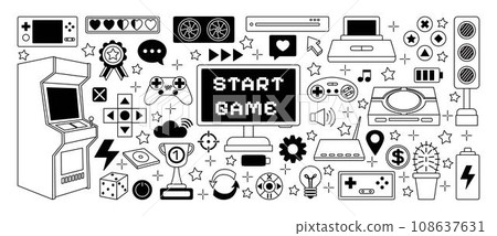 Video game icons. Outline doodle control joystick. Retro white gamer laptop. Black gamepad console and computer. Arcade machine. Computer playing. Gaming elements set. Vector flat tidy illustration 108637631