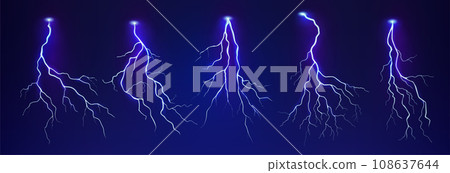 Thunder lighting. Electric storm strike, thunderbolt rays, blue light, spark and bolt in night sky. Realistic isolated glowing elements. Thunderstorm weather, night sky. Vector exact background Thunder lighting. Electric storm strike, thunderbolt rays, blue light, spark and bolt in night sky. Realistic isolated glowing elements. Thunderstorm weather, night sky. Vector exact background 108637644