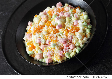 Ambrosia Salad in black bowl, top view Ambrosia Salad in black bowl, top view 108637879