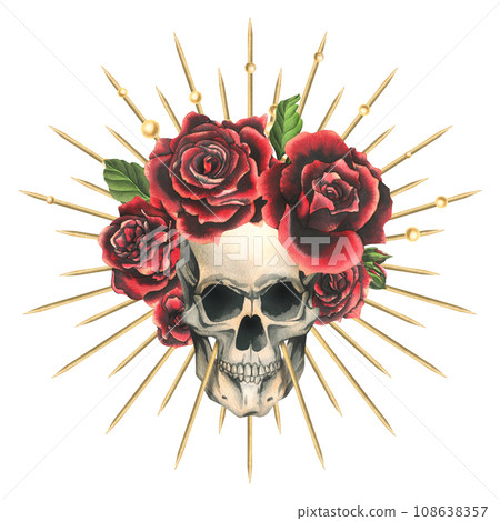 Human skull with red flowers rose in a golden crown with thorns, rays. Hand drawn watercolor illustration for day of the dead, halloween, Dia de los muertos. Isolated object on a white background. Human skull with red flowers rose in a golden crown with thorns, rays. Hand drawn watercolor illustration for day of the dead, halloween, Dia de los muertos. Isolated object on a white background. 108638357