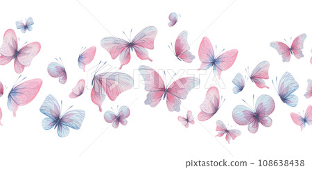 Butterflies are pink, blue, lilac, flying, delicate with wings and splashes of paint. Hand drawn watercolor illustration. Seamless border on a white background, for design Butterflies are pink, blue, lilac, flying, delicate with wings and splashes of paint. Hand drawn watercolor illustration. Seamless border on a white background, for design 108638438