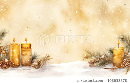 AI-generated content. Empty golden aquarel template with set of candles outdoor with snowing for text AI-generated content. Empty golden aquarel template with set of candles outdoor with snowing for text 108638878