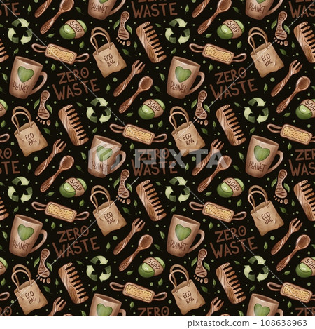 Zero waste lifestyle seamless pattern with lettering on dark. Ecological, recycle, reuse 108638963