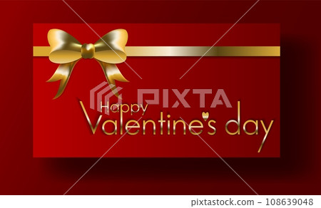 Red paper banner with gold bow. Valentines day greeting card template, sticker, banner, template, mockup, gift, surprise. Paper cut style Red paper banner with gold bow. Valentines day greeting card template, sticker, banner, template, mockup, gift, surprise. Paper cut style 108639048
