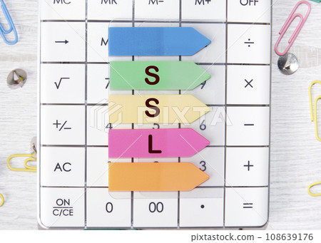 SSL word is laid out of stickers with up arrows on the calculator SSL word is laid out of stickers with up arrows on the calculator 108639176