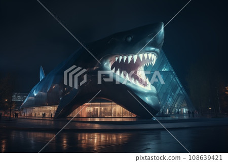 shark shape illuminated building at night illustration shark shape illuminated building at night illustration 108639421