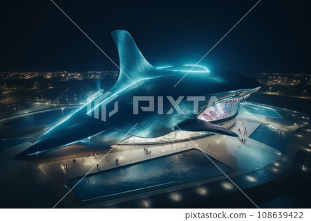 shark shape illuminated building at night illustration 108639422