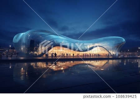 Whale shape illuminated building at night illustration Whale shape illuminated building at night illustration 108639425