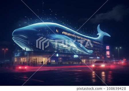 Whale shape illuminated building at night illustration Whale shape illuminated building at night illustration 108639428