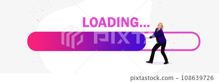Banner. Contemporary art collage. Modern creative artwork. Confident and motivated woman trying to move, speed up loading line. Banner. Contemporary art collage. Modern creative artwork. Confident and motivated woman trying to move, speed up loading line. 108639726