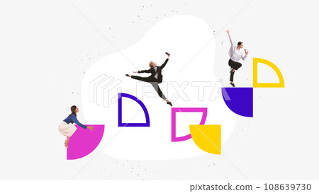 Poster. Contemporary art collage. Confident women dressed smart casual outfit jumping on pieces of rates, diagrams to success. Poster. Contemporary art collage. Confident women dressed smart casual outfit jumping on pieces of rates, diagrams to success. 108639730